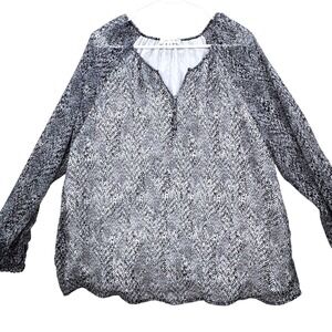 Daily Thread‎ Blouse Womens 2X Black White Chevron Print Boho Career Long Sleeve